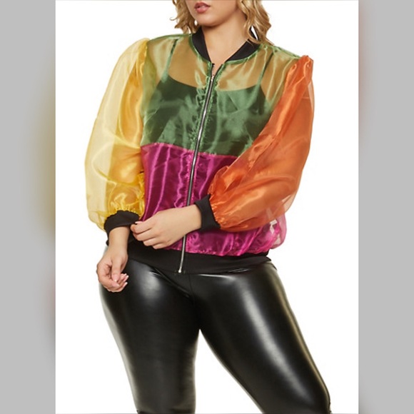 Jackets & Blazers - Plus size color block organza bomber jacket